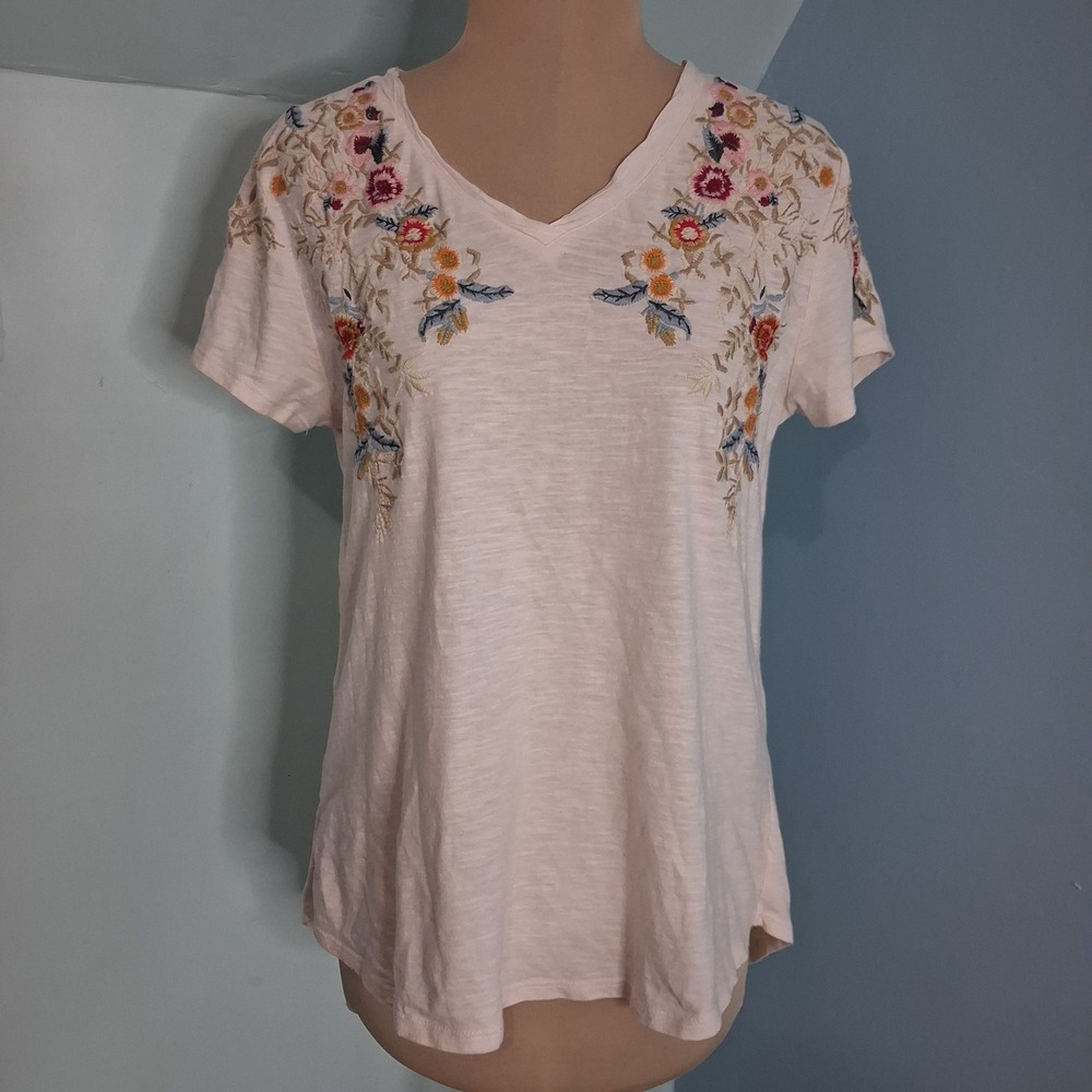 Sundance Boho Chic Lightweight Pink Floral Embroidered V-Neck Top Size Small